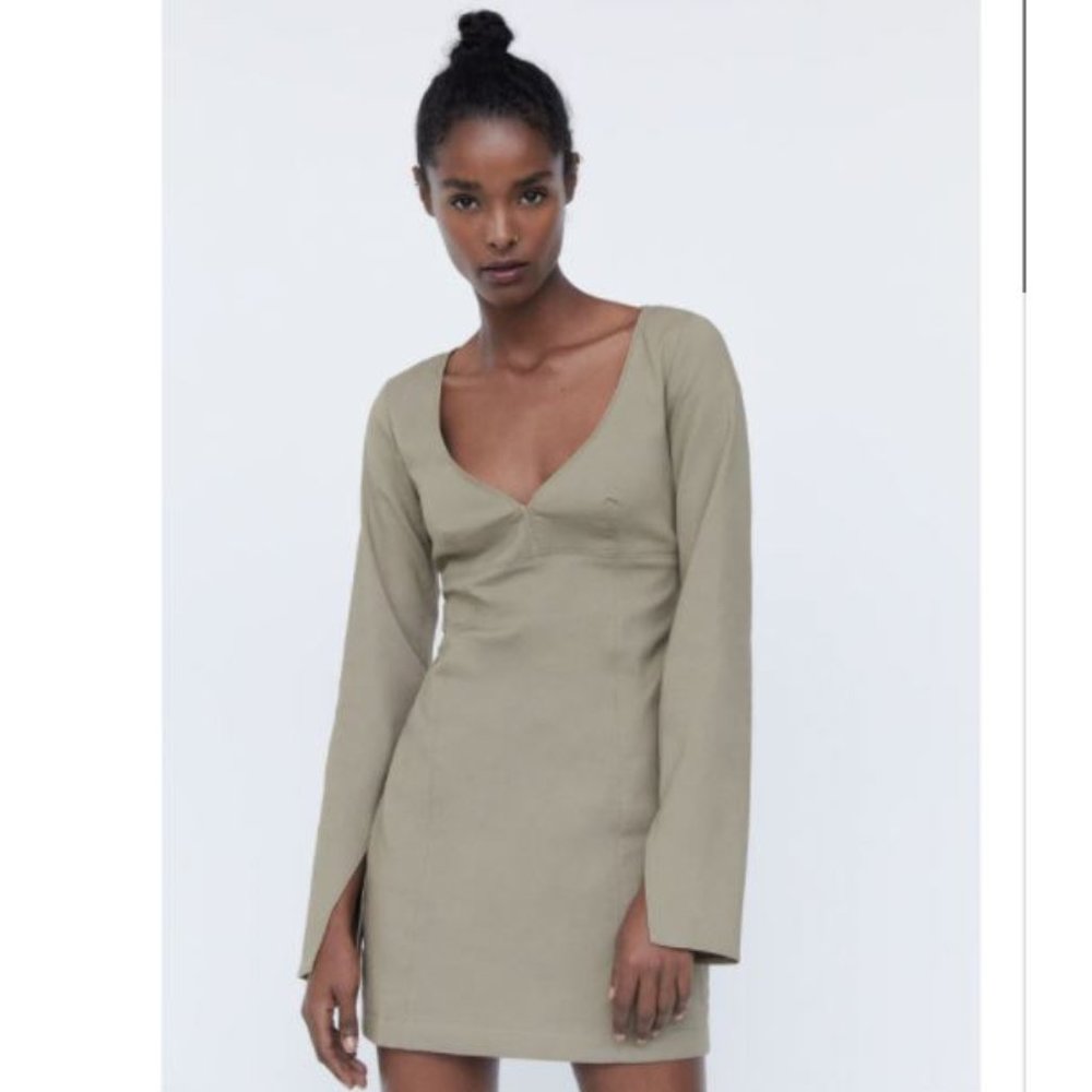 Zara Neckline Midi Dress in Neutral Brown – Size S